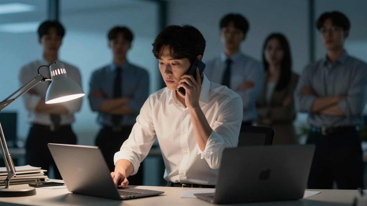 위기 상황의 늦은 밤 사무실. 따뜻한 조명 아래 한 사람이 문제를 해결하고, 뒤편 어둠 속 동료들은 한발 물러서 있다