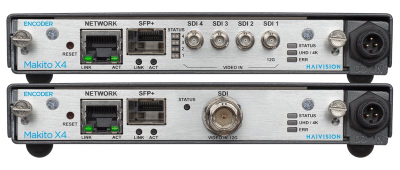 Haivision Makito X4 인코더 앞면. 위는 SDI 4개 모델, 아래는 SDI 1개 모델
