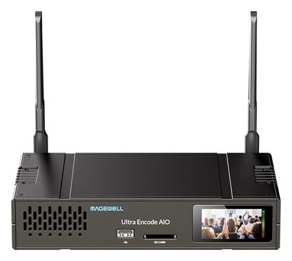 Magewell Ultra Encode AIO 앞면, 안테나 2개와 미리보기 화면