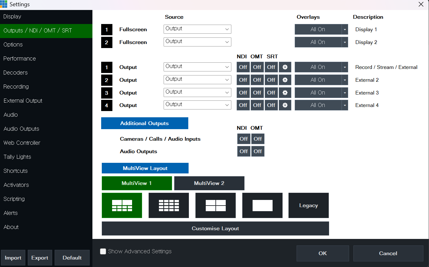 vMix Settings의 Outputs / NDI / OMT / SRT 화면