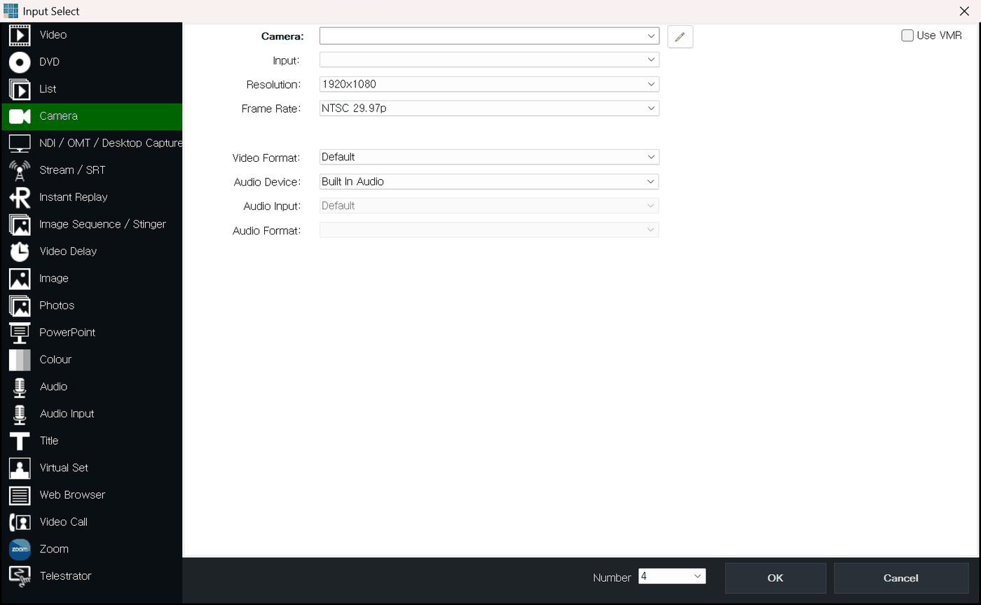 vMix Input Select Camera 탭
