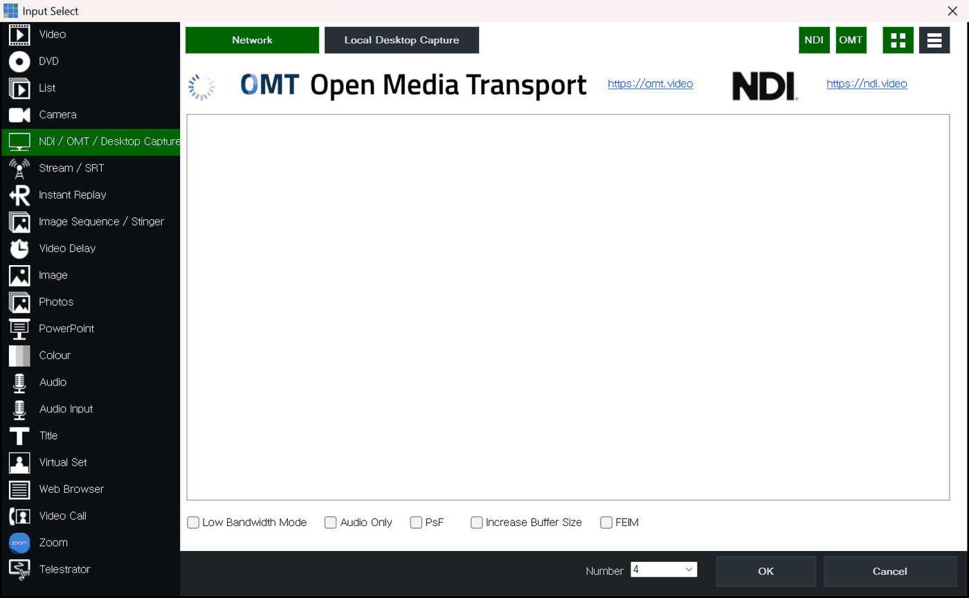 vMix Input Select NDI 탭