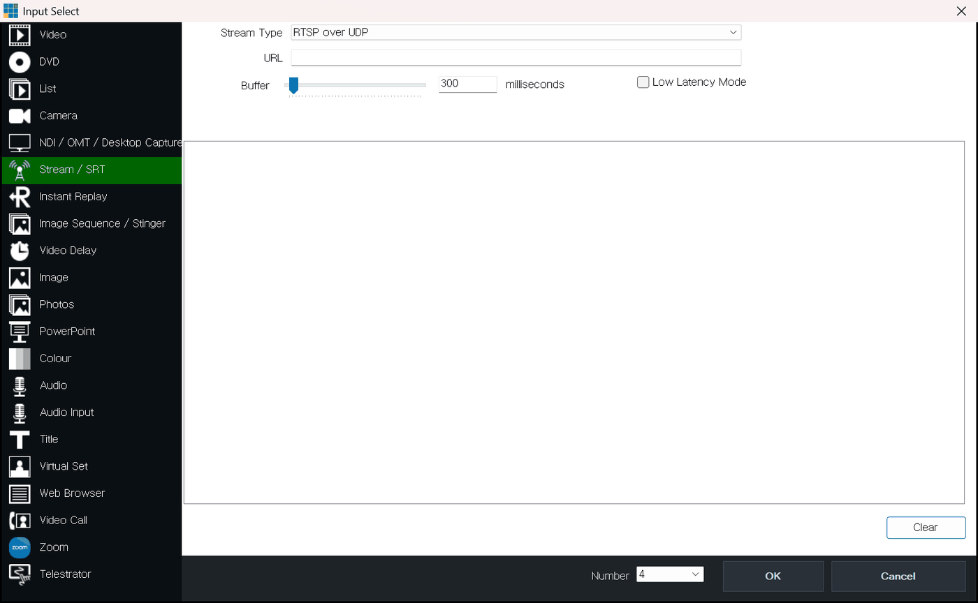 vMix Input Select Stream SRT 탭