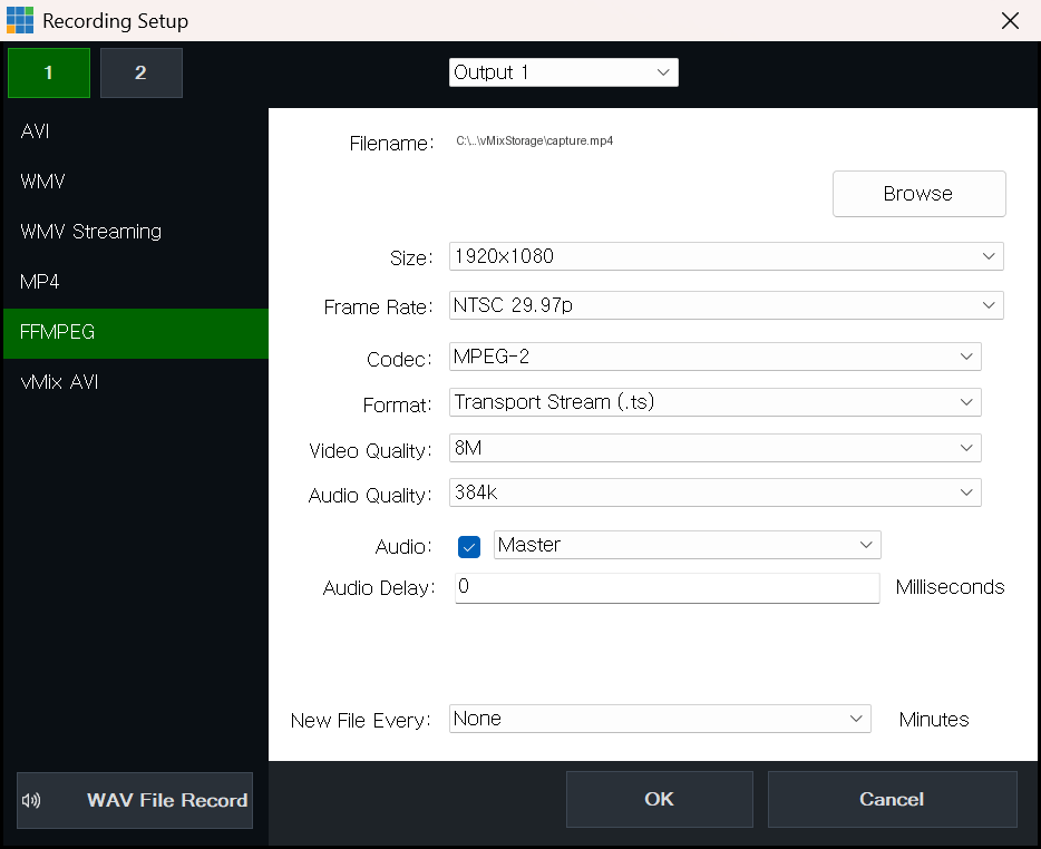 vMix Recording Setup FFMPEG 탭
