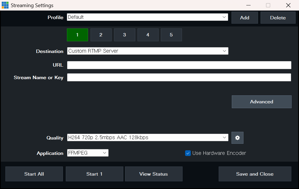 vMix Streaming Settings 창