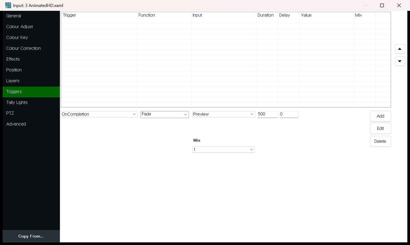 vMix Input Settings Triggers 탭