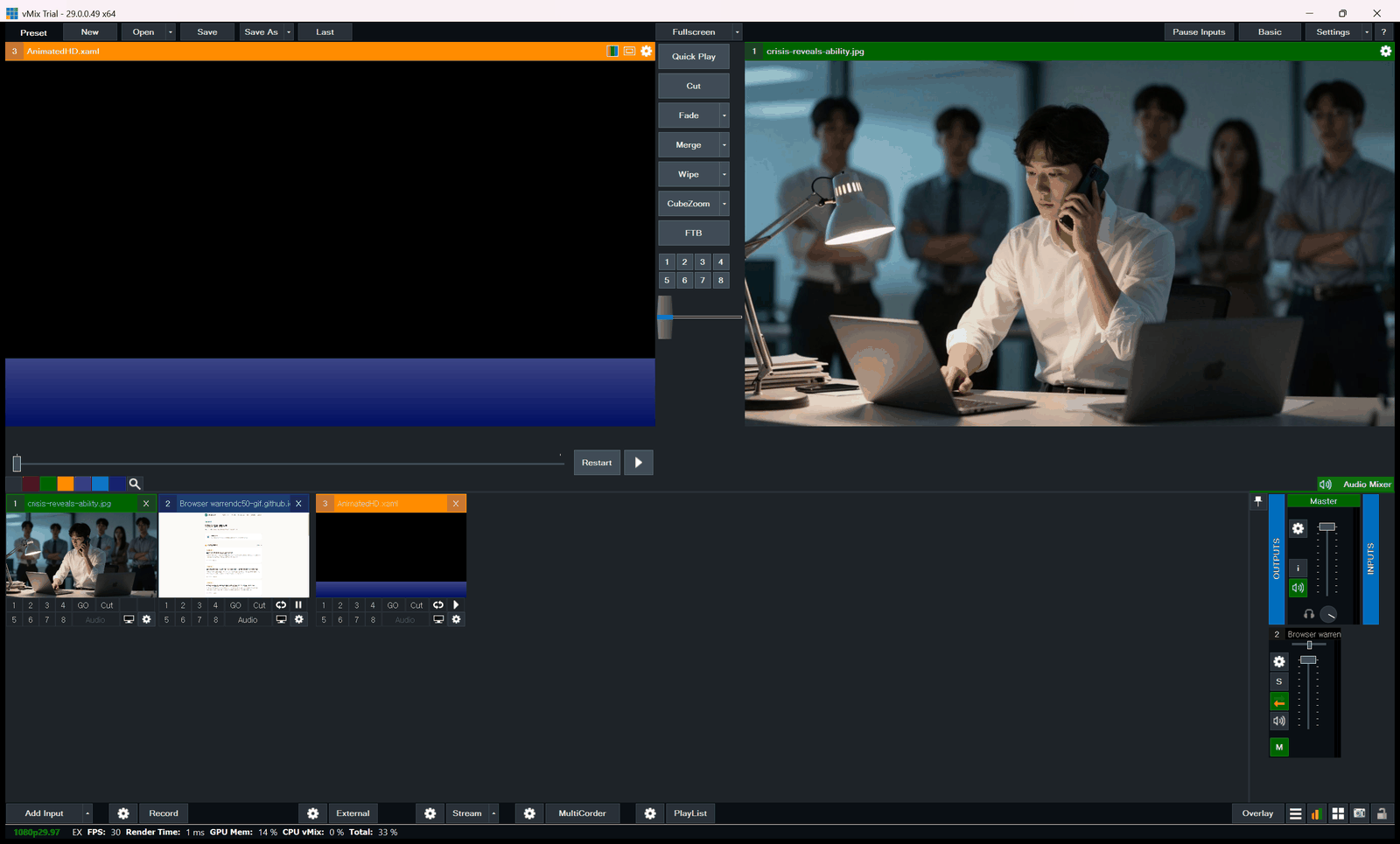 vMix Audio Mixer 패널