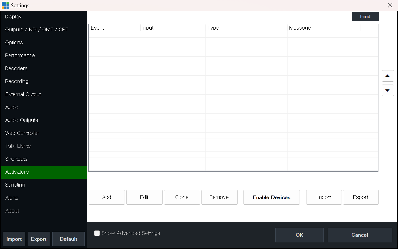 vMix Settings Activators 탭