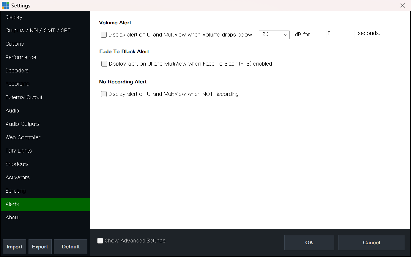 vMix Settings Alerts 탭