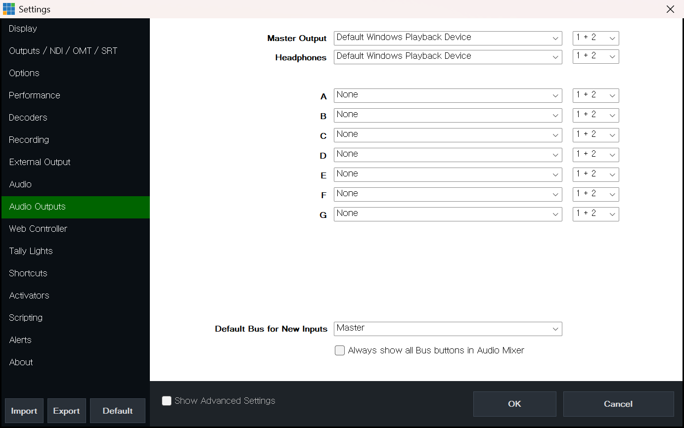vMix Settings Audio Outputs 탭