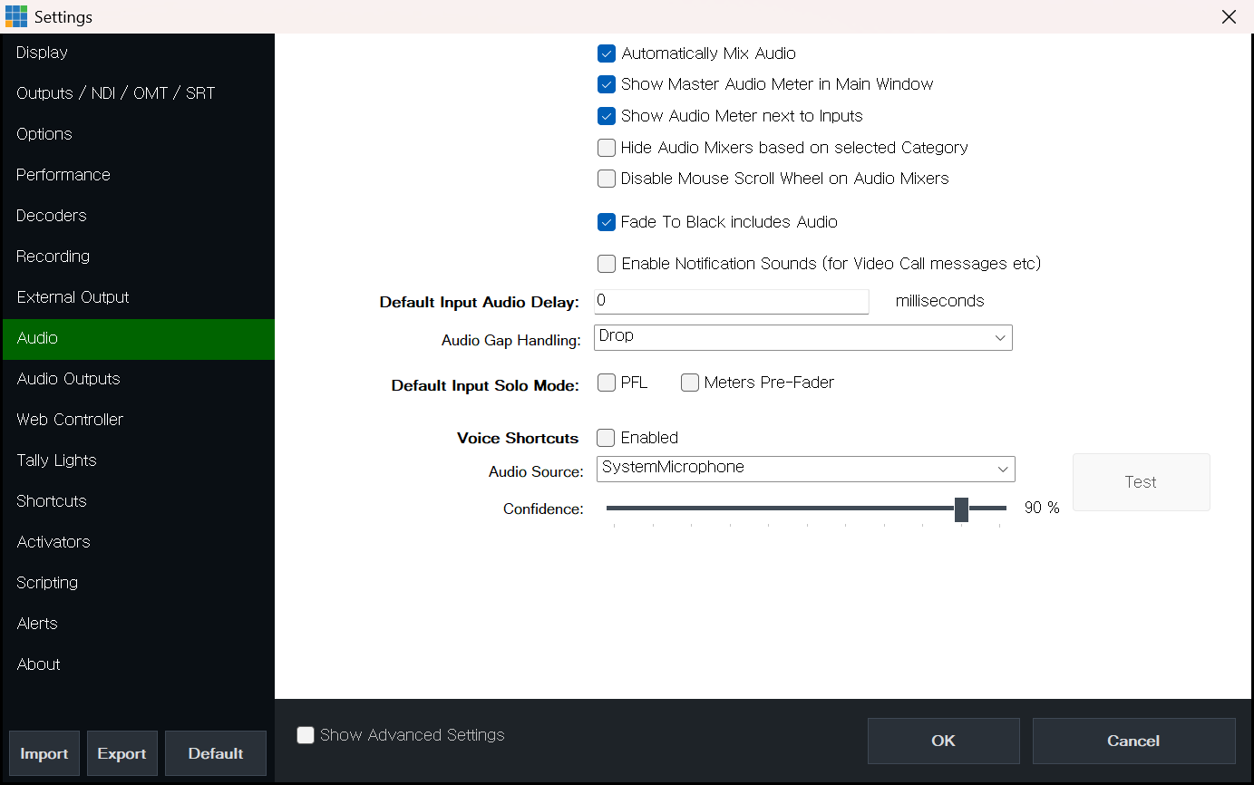 vMix Settings Audio 탭