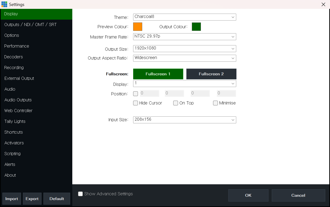 vMix Settings Display 탭