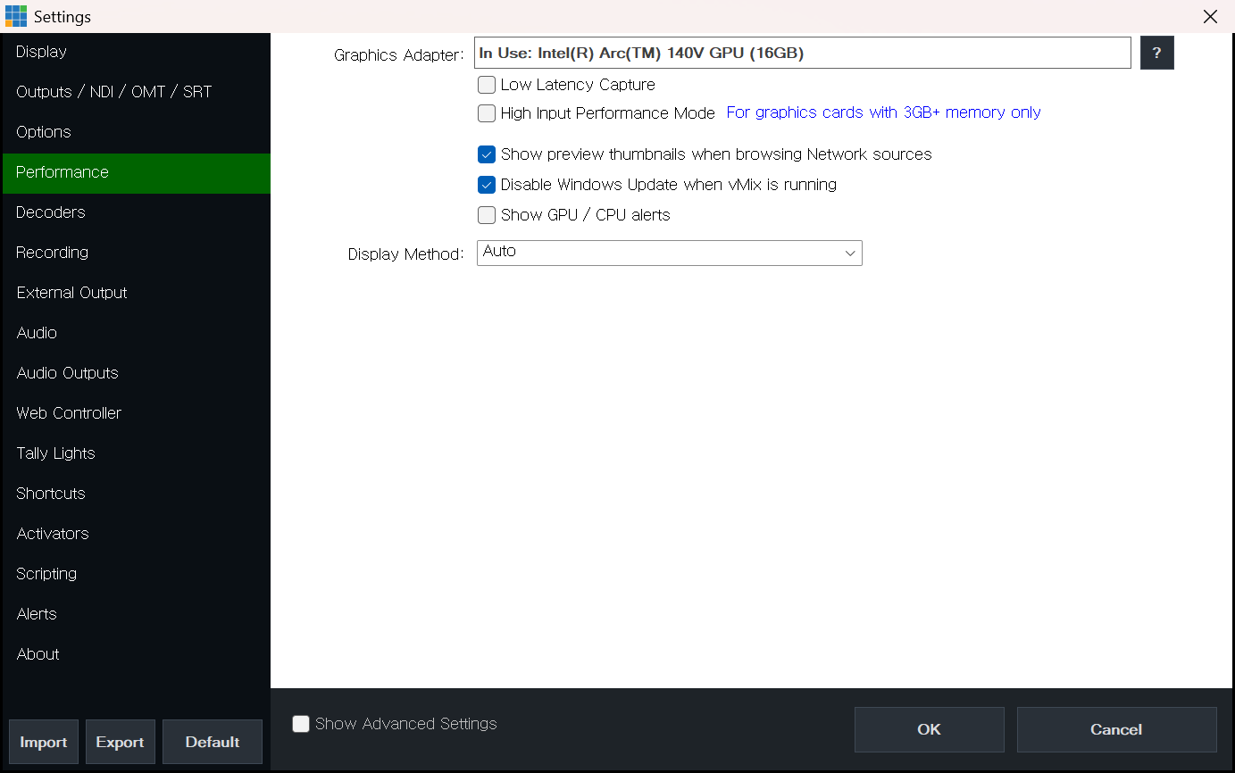 vMix Settings Performance 탭