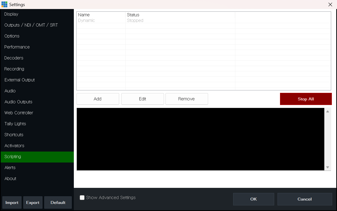 vMix Settings Scripting 탭