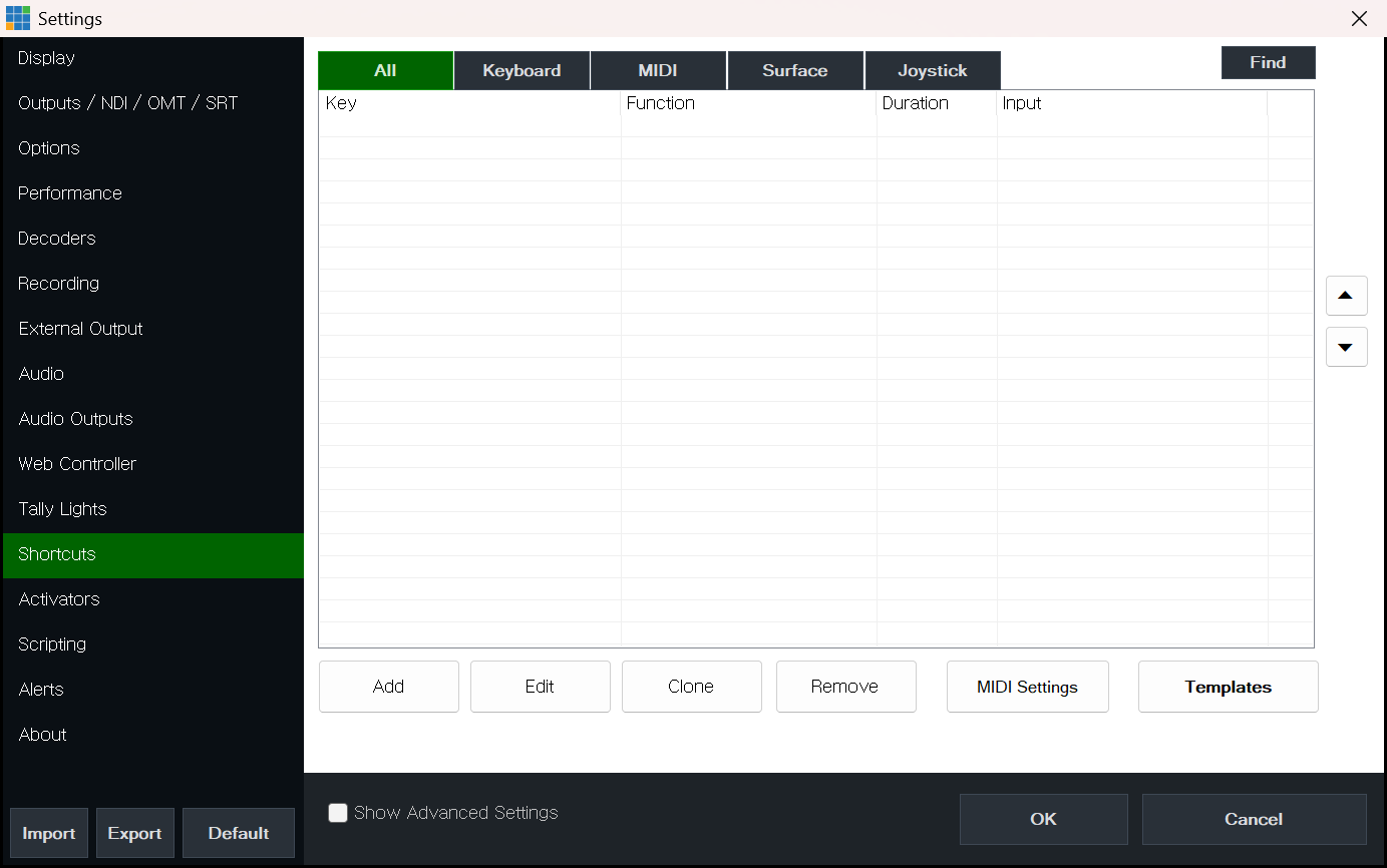 vMix Settings Shortcuts 탭