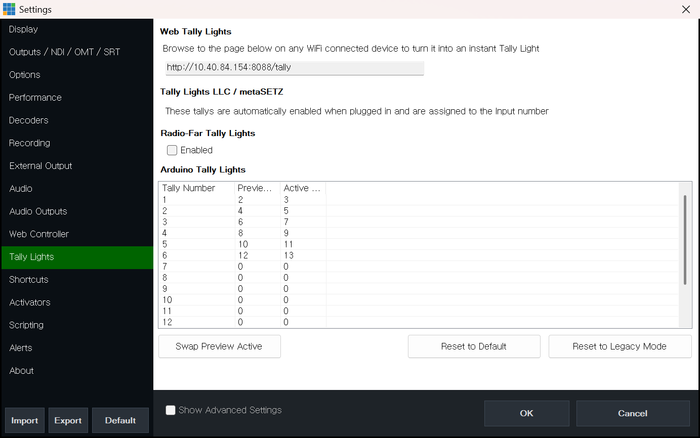vMix Settings Tally Lights 탭