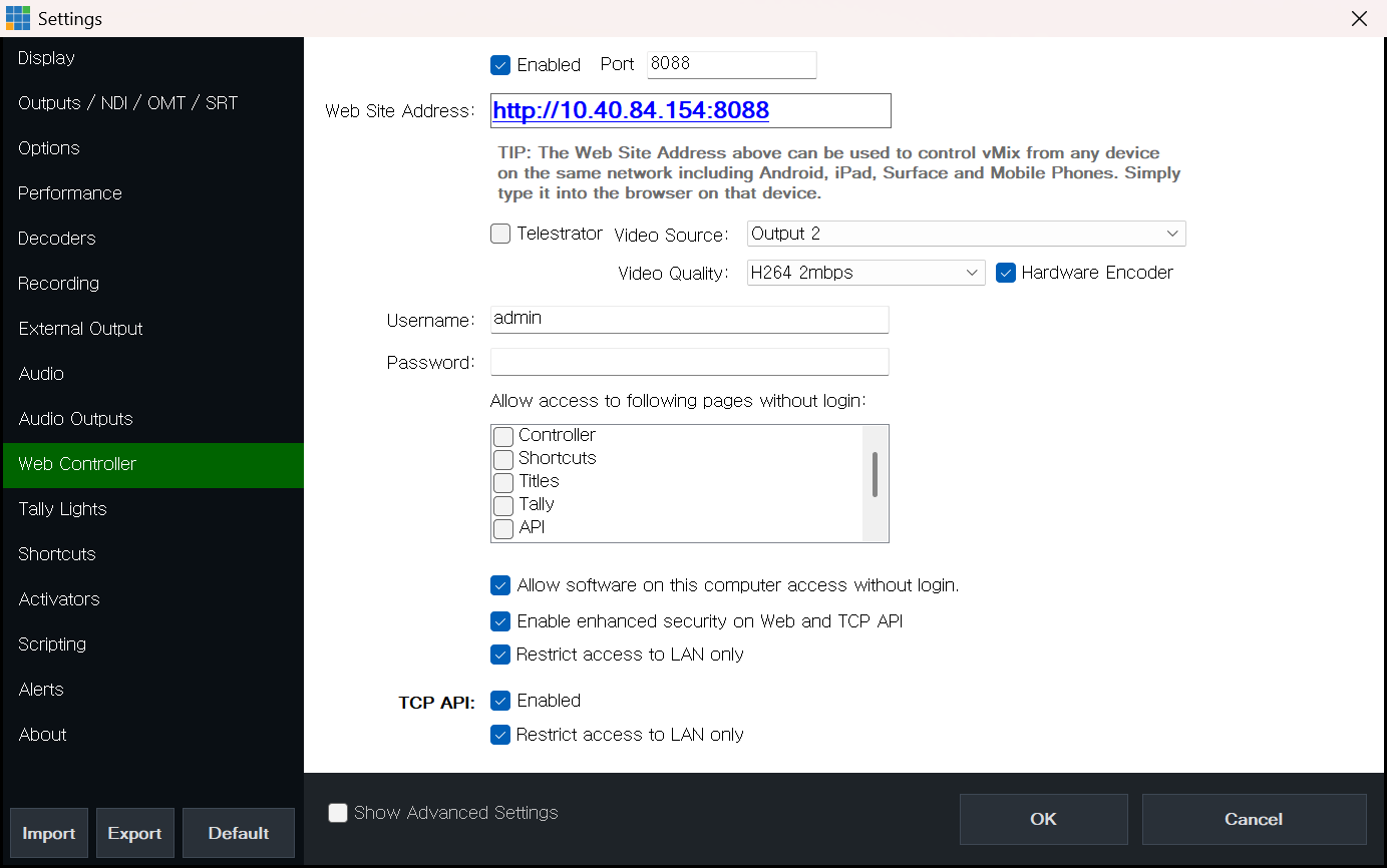 vMix Settings Web Controller 탭